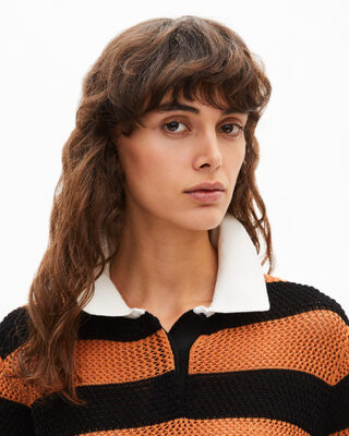 Orange and black striped openwork polo shirt