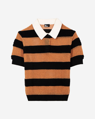 Orange and black striped openwork polo shirt