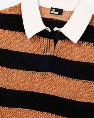 Orange and black striped openwork polo shirt