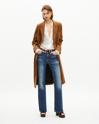 Long double-breasted camel wool coat