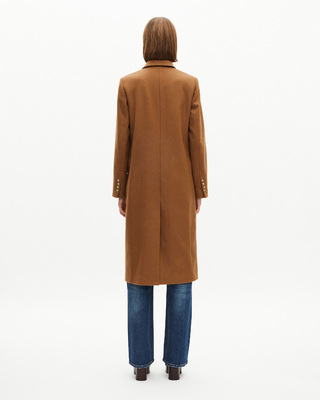 Long double-breasted camel wool coat
