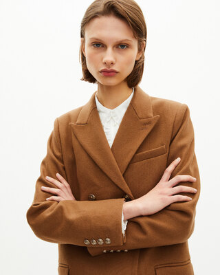 Long double-breasted camel wool coat