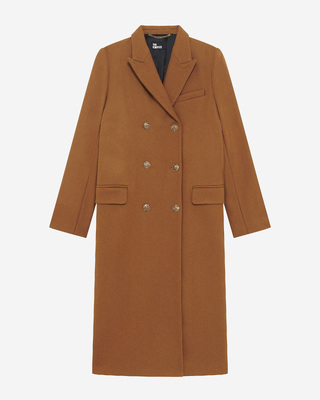 Long double-breasted camel wool coat