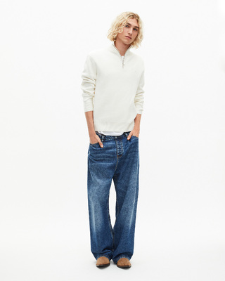 Double-faced ecru wool trucker-neck sweater