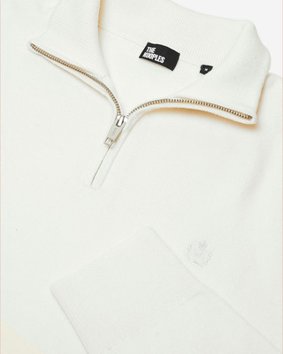 Double-faced ecru wool trucker-neck sweater