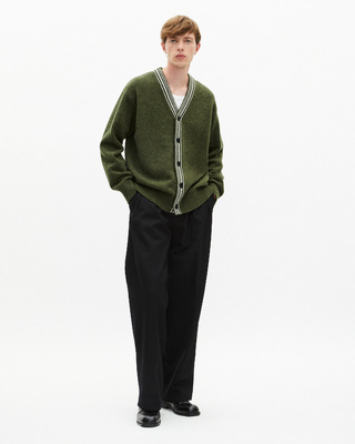 Wool cardigan with khaki contrasting stripes