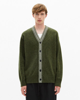 Wool cardigan with khaki contrasting stripes