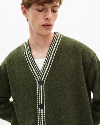 Wool cardigan with khaki contrasting stripes