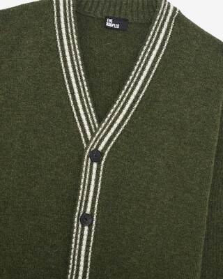 Wool cardigan with khaki contrasting stripes