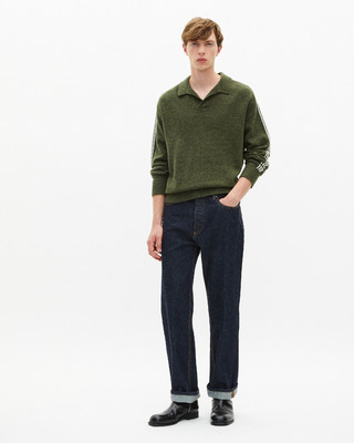 Polo-neck sweater in wool with contrasting khaki stripes