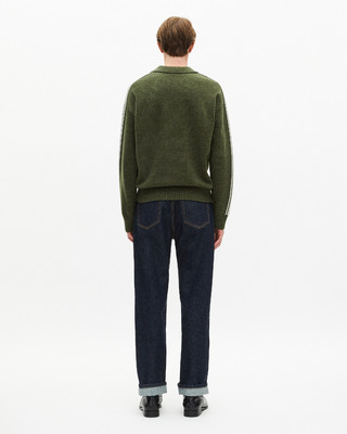 Polo-neck sweater in wool with contrasting khaki stripes