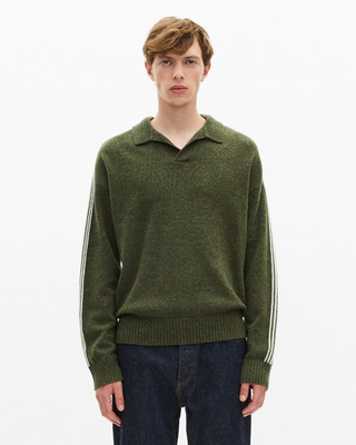 Polo-neck sweater in wool with contrasting khaki stripes