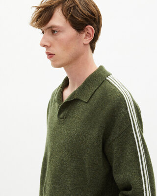 Polo-neck sweater in wool with contrasting khaki stripes