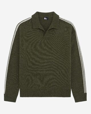Polo-neck sweater in wool with contrasting khaki stripes