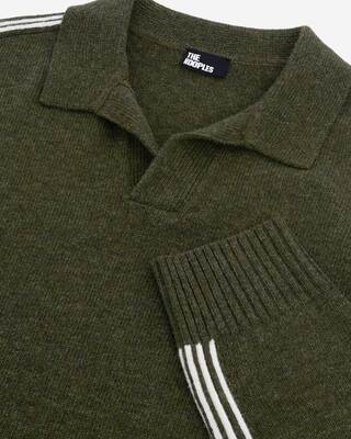 Polo-neck sweater in wool with contrasting khaki stripes