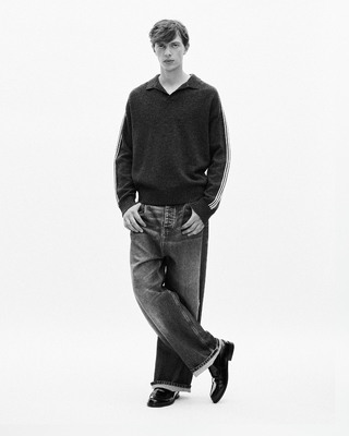 Wool polo-neck sweater with contrasting gray stripes