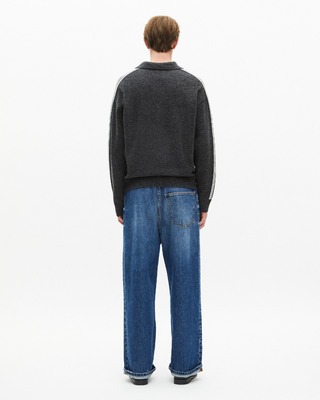 Wool polo-neck sweater with contrasting gray stripes
