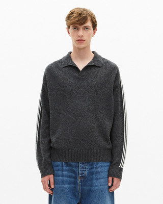 Wool polo-neck sweater with contrasting gray stripes