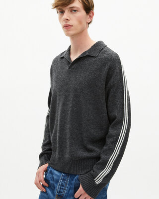 Wool polo-neck sweater with contrasting gray stripes