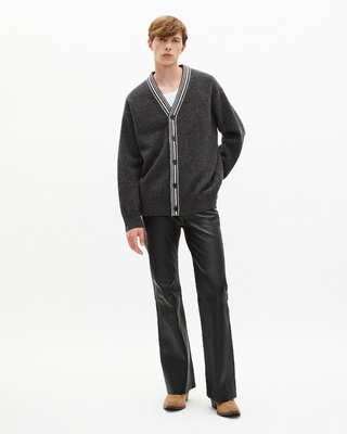 Wool cardigan with contrasting grey stripes