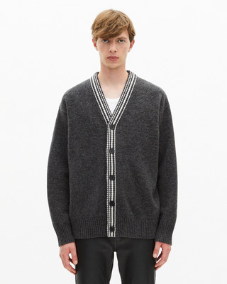 Wool cardigan with contrasting grey stripes