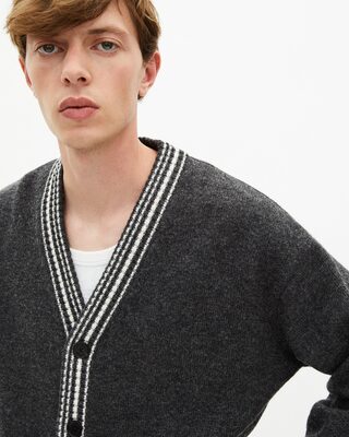 Wool cardigan with contrasting grey stripes