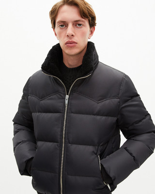 Down jacket with grey fur collar