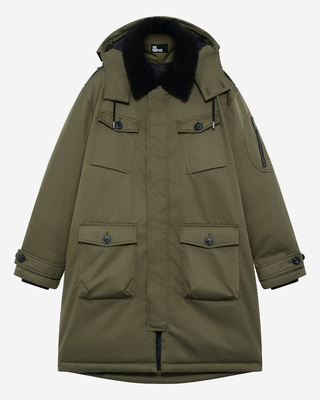 Water-repellent parka with khaki sherpa collar