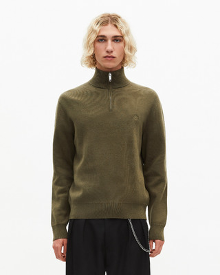 Double-faced khaki wool trucker-neck sweater