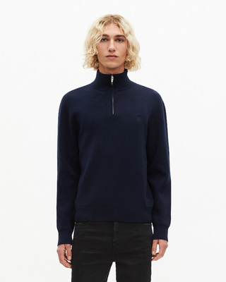 Double-faced navy trucker-neck sweater