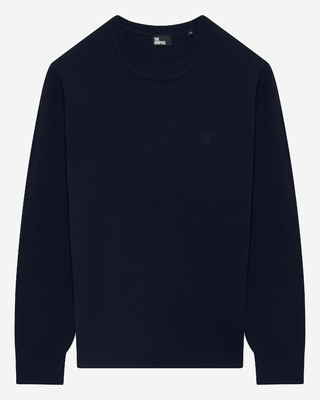 Round-neck sweater in navy double-faced wool