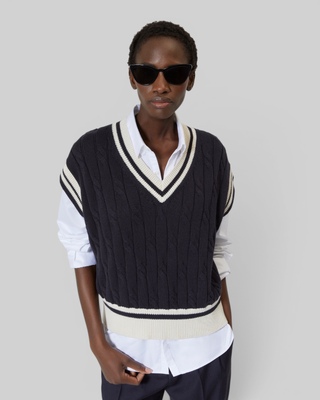 Sleeveless navy cotton sweater
