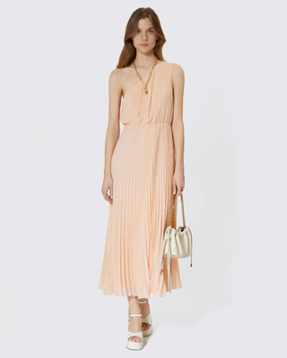 Long asymmetrical pleated peach dress