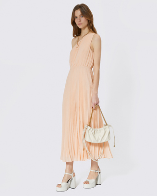 Long asymmetrical pleated peach dress