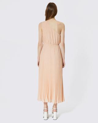 Long asymmetrical pleated peach dress