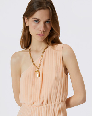 Long asymmetrical pleated peach dress