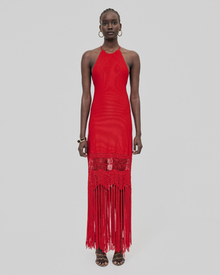 Red mesh fringed halter dress
