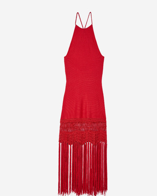 Red mesh fringed halter dress