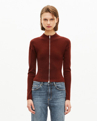 Burgundy wool blend zip cardigan