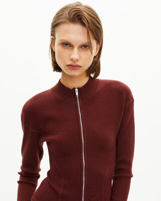 Burgundy wool blend zip cardigan