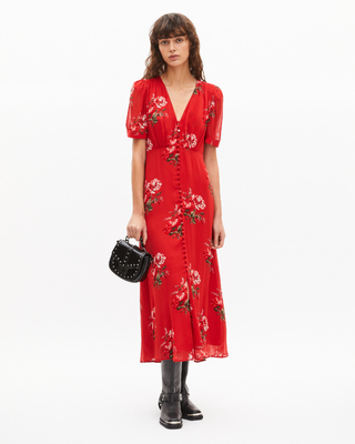 Red floral print maxi dress