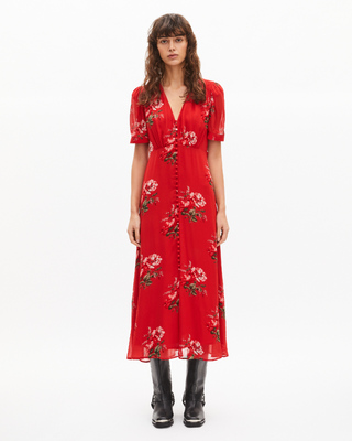 Red floral print maxi dress