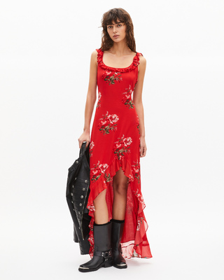 Red floral print long dress with ruffles