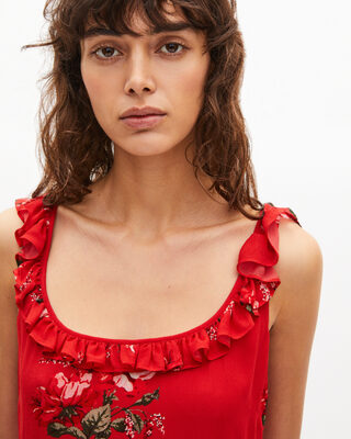 Red floral print long dress with ruffles
