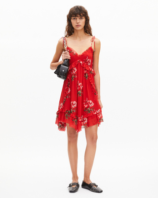 Red floral print short dress