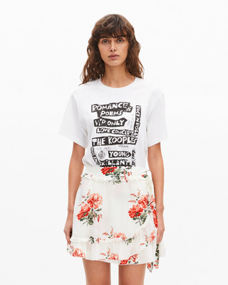 Short white floral print wrap skirt