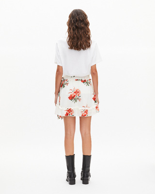 Short white floral print wrap skirt