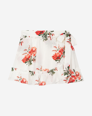 Short white floral print wrap skirt