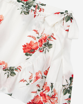 Short white floral print wrap skirt