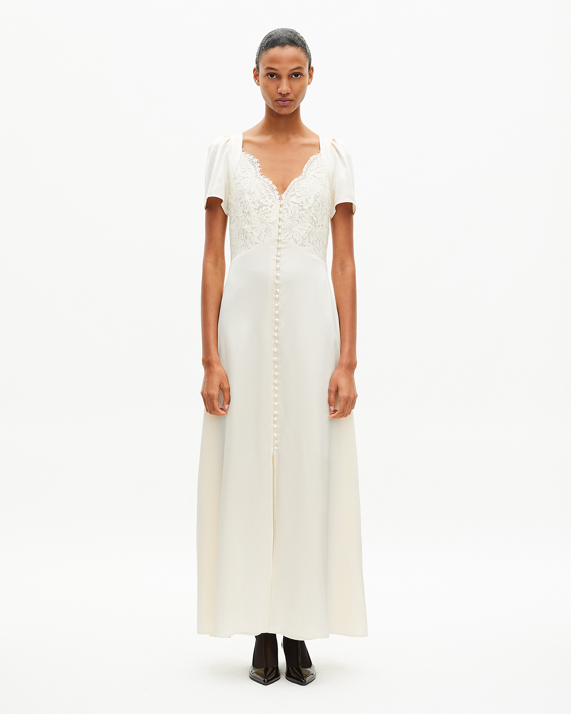 Long silk dress with ecru lace